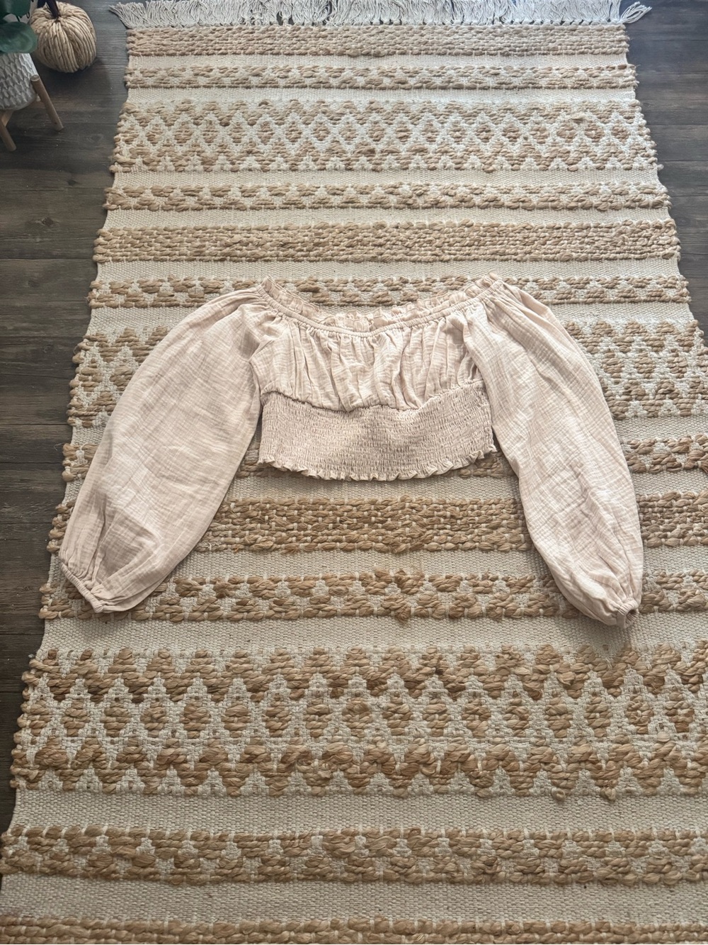 SHEIN Beige Off-Shoulder Smocked Crop Top